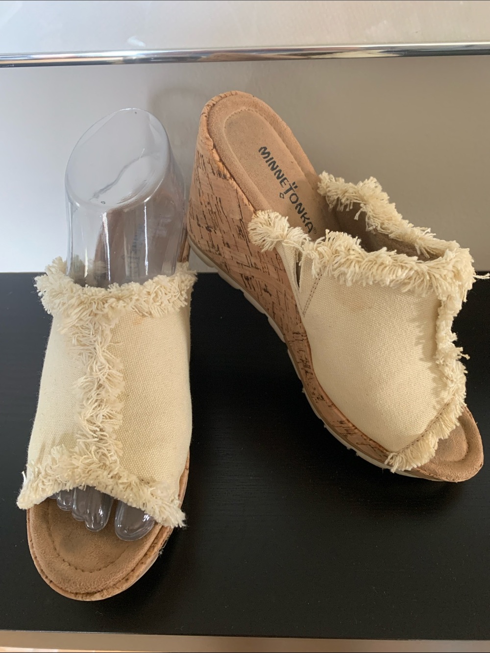 Minnetonka Cream Canvas Frayed Cork Wedge Sandals